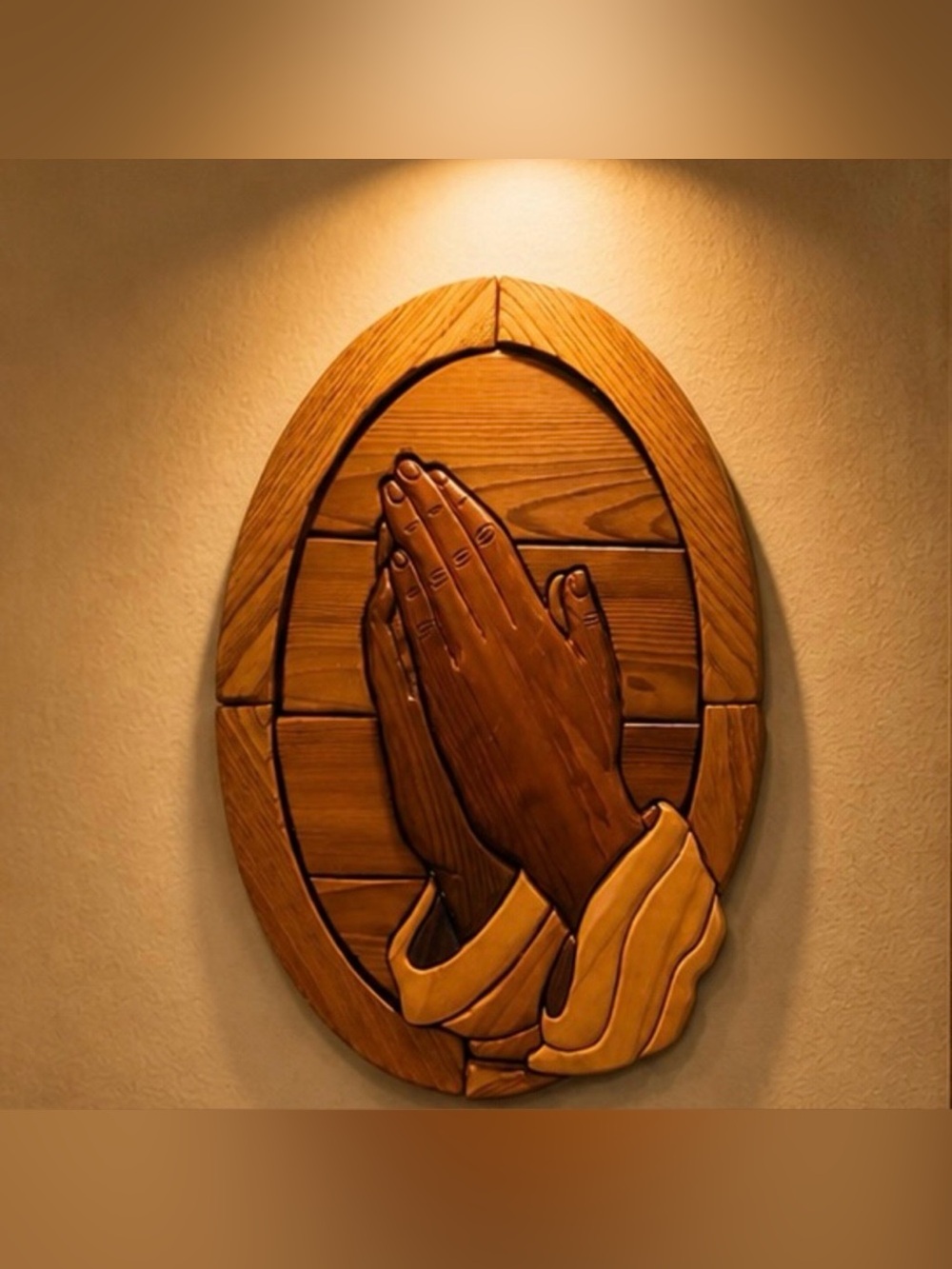Praying Hands JESUS CHRIST Original Vintage Fine Art SOLID WOOD SCULPTURE Plaque